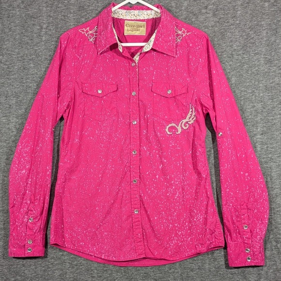 Cowgirl Legend Tops - Cowgirl Legend Pink Acid Wash Western Rhinestone Snap Embroidery Size Large